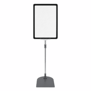 retail sign holder with a black frame and grey leg and base on a white background.