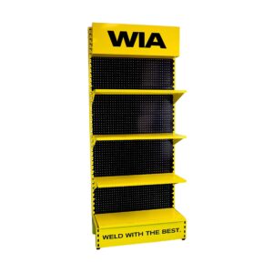 black and yellow shelving bay with business logo for retail display.