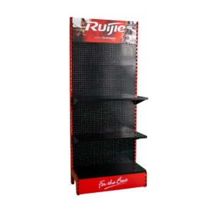 black shelving bay with red custom branded header and base on a white background facing the right.