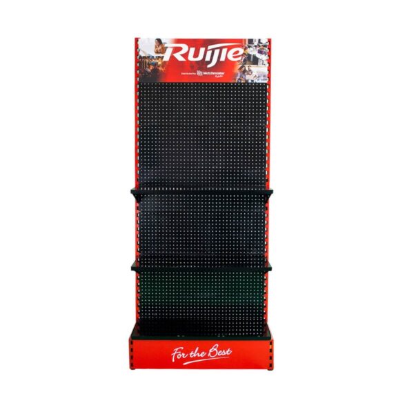 black shelving bay with red custom branded header and base on a white background facing the front.