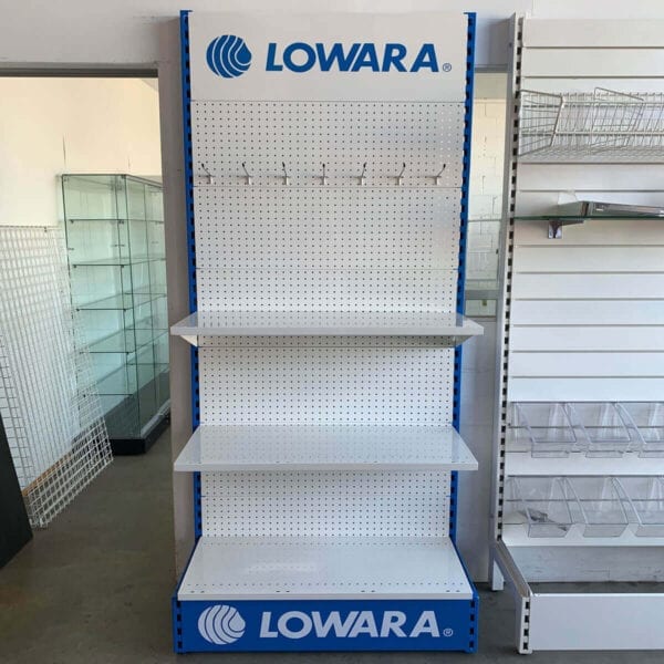 white and blue custom shelving display for retail