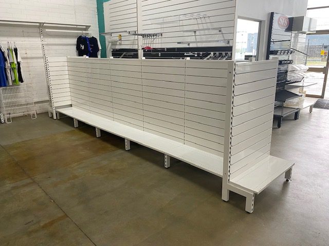 Double Sided Metal Slatwall Bays + End Bays - Shelves for Shops