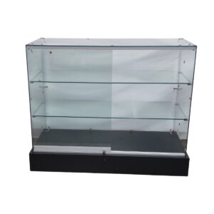 product shot on white background of a glass shop counter with a black base. The counter has 2 glass shelves, 2 sliding doors and a lock.