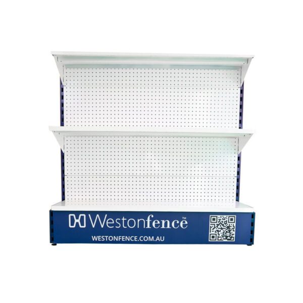 white shop shelving with customer branding.