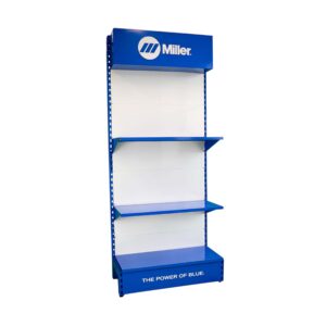 bright blue and white shelving bay with logo and slogan.