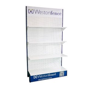 white gondola shelving bay with blue branding header and base.