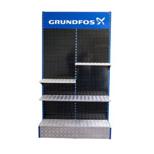 black shelving bay with silver metal shelves and a blue header with business brand name and logo.
