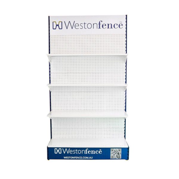 white retail shelving stand with blue and white custom branding on a white background.