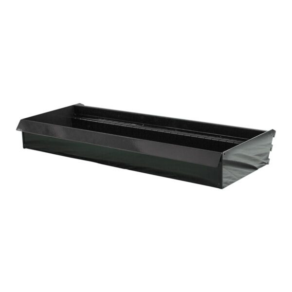 black parts tray for gondola shelving on a black background.