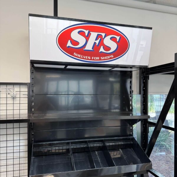 black stand with a header box at the top with a red SFS illuminated.