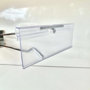 clear plastic price ticket holder attached to retail display hook for flip tickets