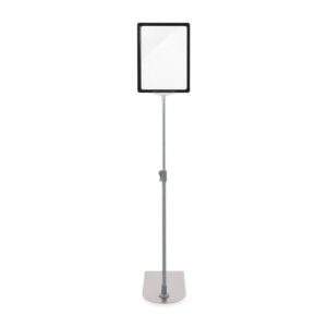 product photo of a freestanding A4 signage display holder on a white background with a black frame.