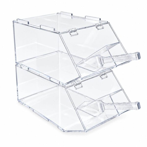 2 acrylic boxes with scoop stacked on top of one another designed for nuts and lollies on a white background.