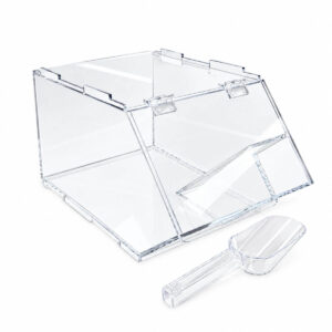 single acrylic stackable dispenser and scoop on a white background.