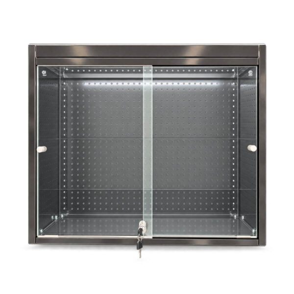 black double glass door display case with sliding doors and a lock on a white background
