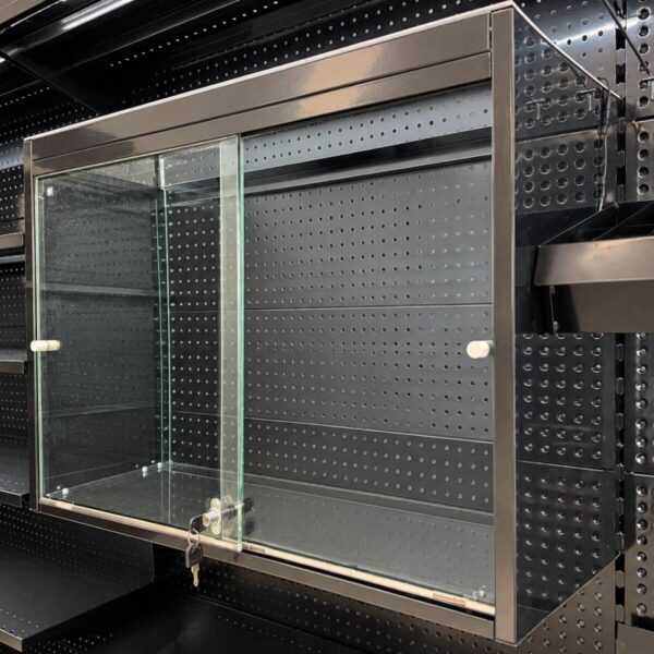 black double glass door display case with a lock and double sliding doors on a white background