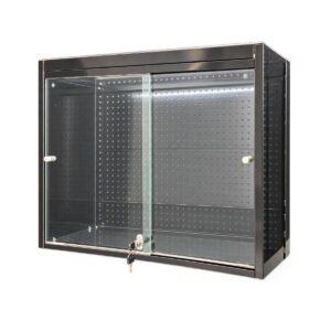 black display case with glass sliding doors and lock on a white background.