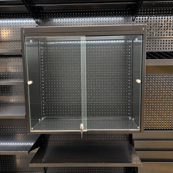 black double glass door display case with sliding doors and a lock on black gondola shelving system