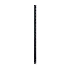 product photo of a long black gondola wall strip with holes for shelving to slot in on a white background.