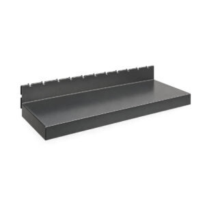 simple black shelf for pegboard shelving with a narrow lip on a white background.